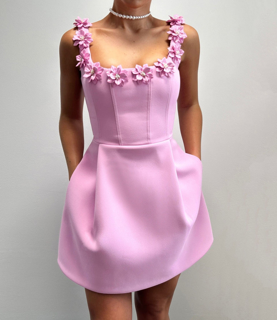 Floral Detail A Line Dress Pink