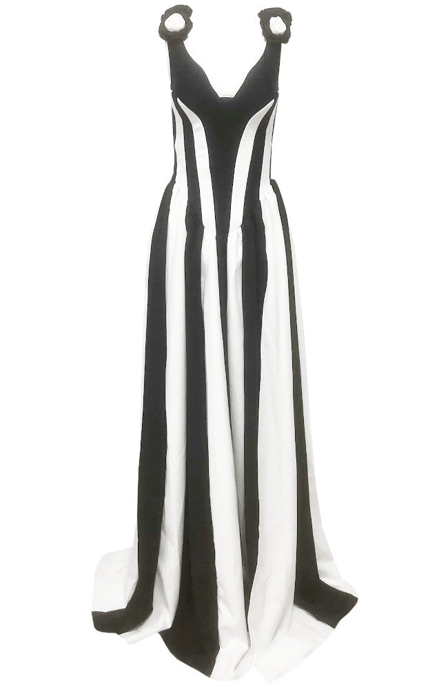 Floral Detail Corset A Line Maxi Dress Black White