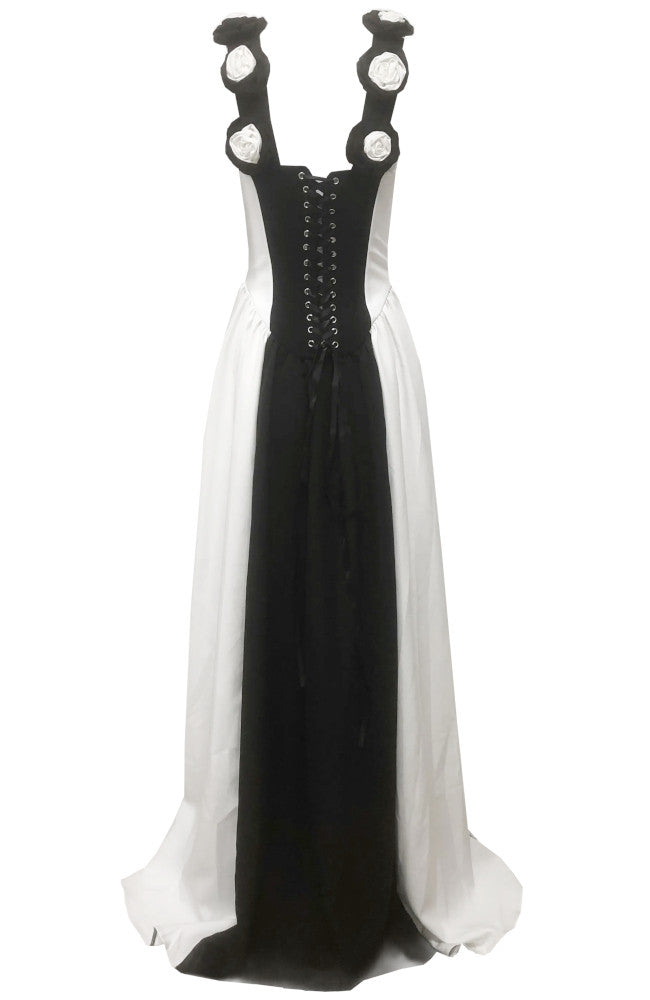 Floral Detail Corset A Line Maxi Dress Black White