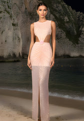 Floral Detail Embellished Maxi Dress Nude Pink