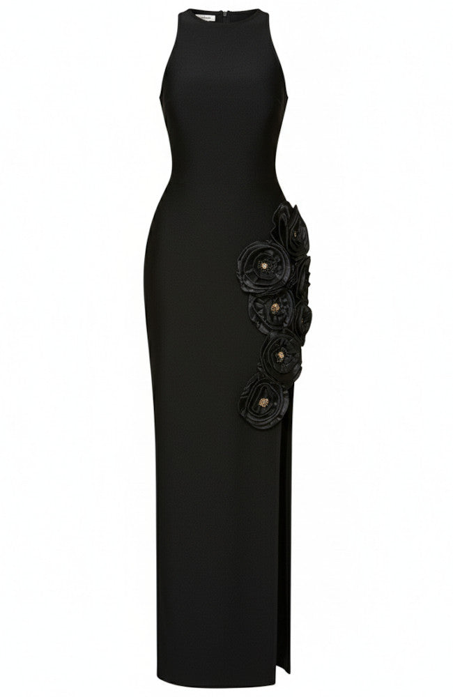 Embellished Flowers Maxi Dress Black