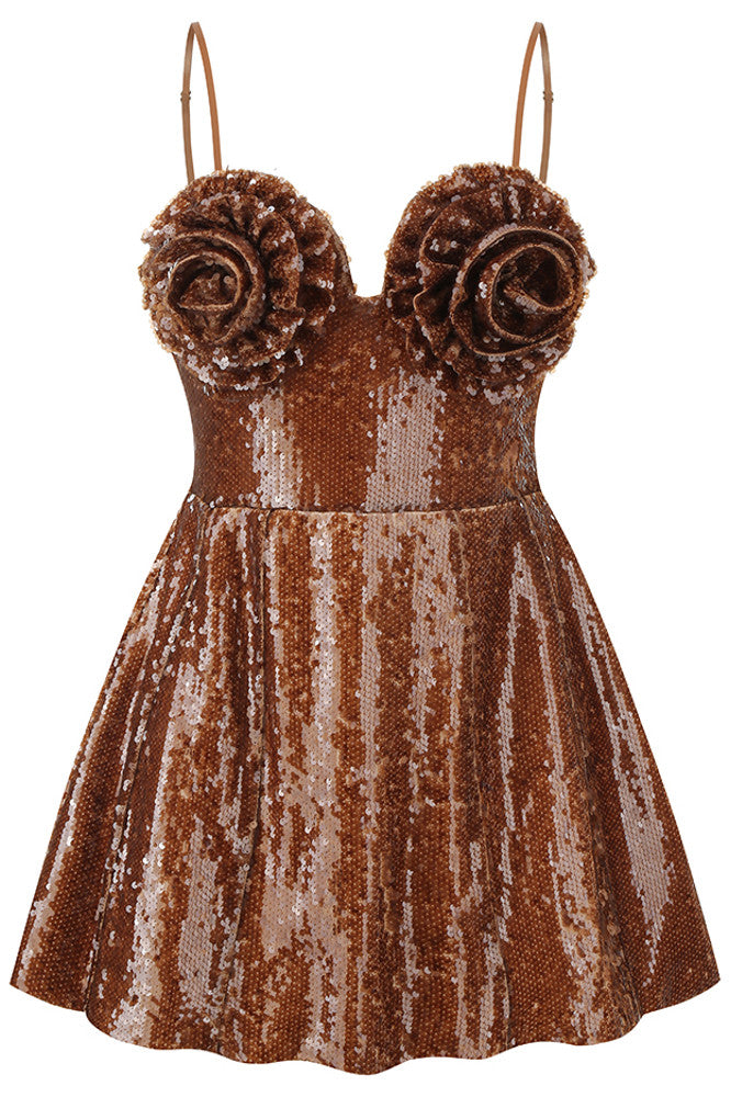 Floral Detail Sequin A Line Corset Dress Brown