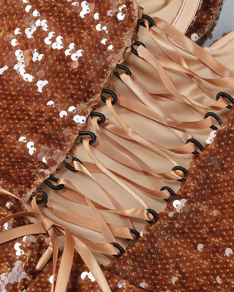 Floral Detail Sequin A Line Corset Dress Brown