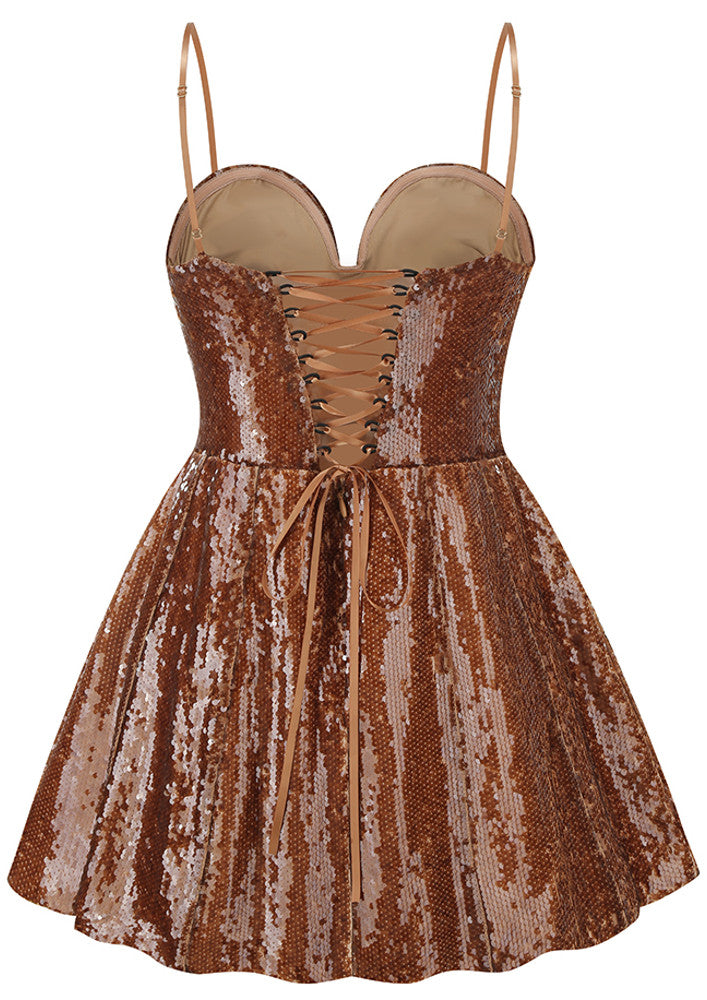 Floral Detail Sequin A Line Corset Dress Brown