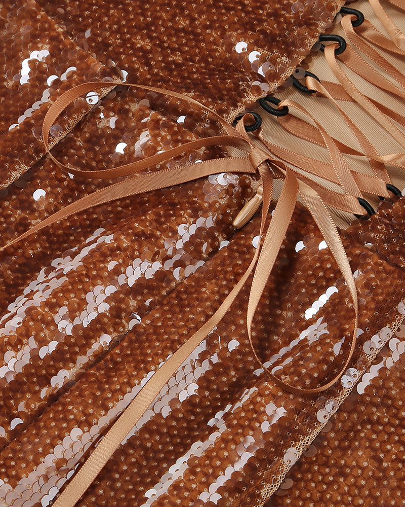 Floral Detail Sequin A Line Corset Dress Brown