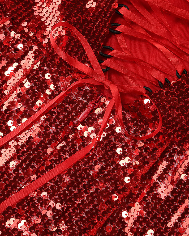 Floral Detail Sequin A Line Corset Dress Red