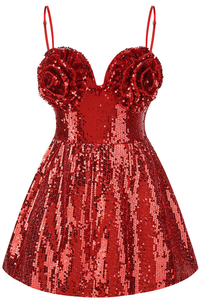 Floral Detail Sequin A Line Corset Dress Red