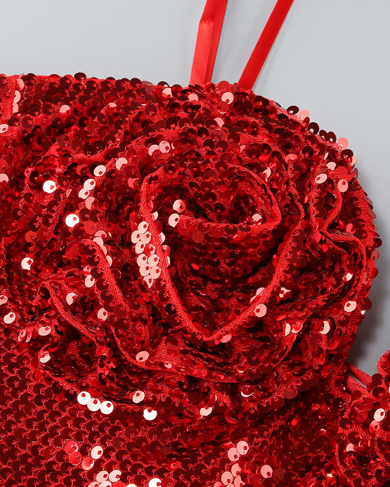 Floral Detail Sequin A Line Corset Dress Red