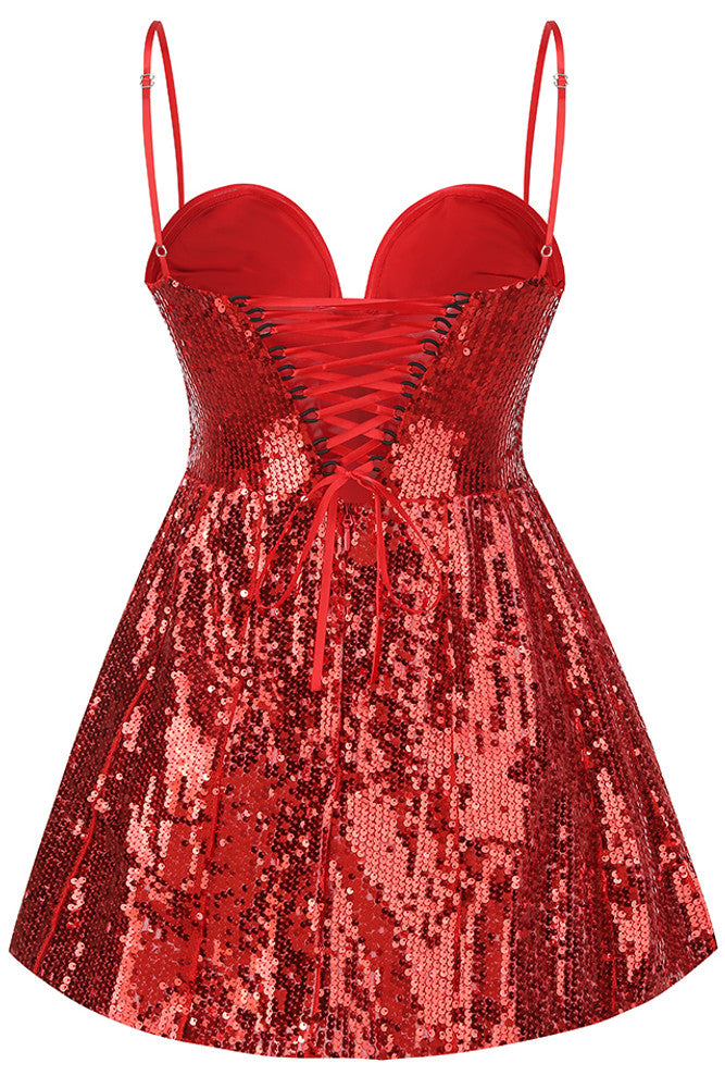 Floral Detail Sequin A Line Corset Dress Red