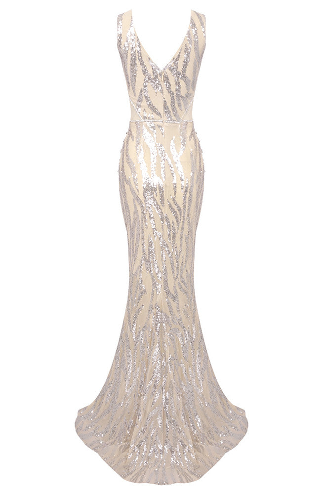 Floral Detail Sequin Maxi Dress Silver Nude