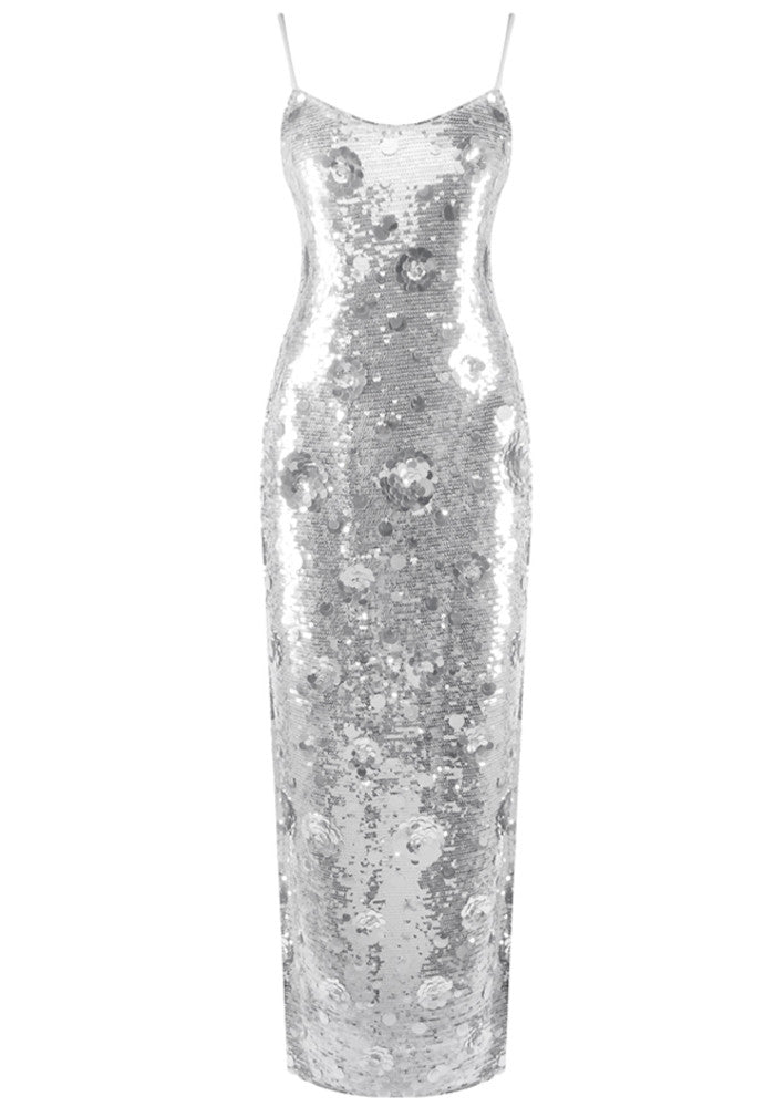 Floral Detail Sequin Maxi Dress Silver