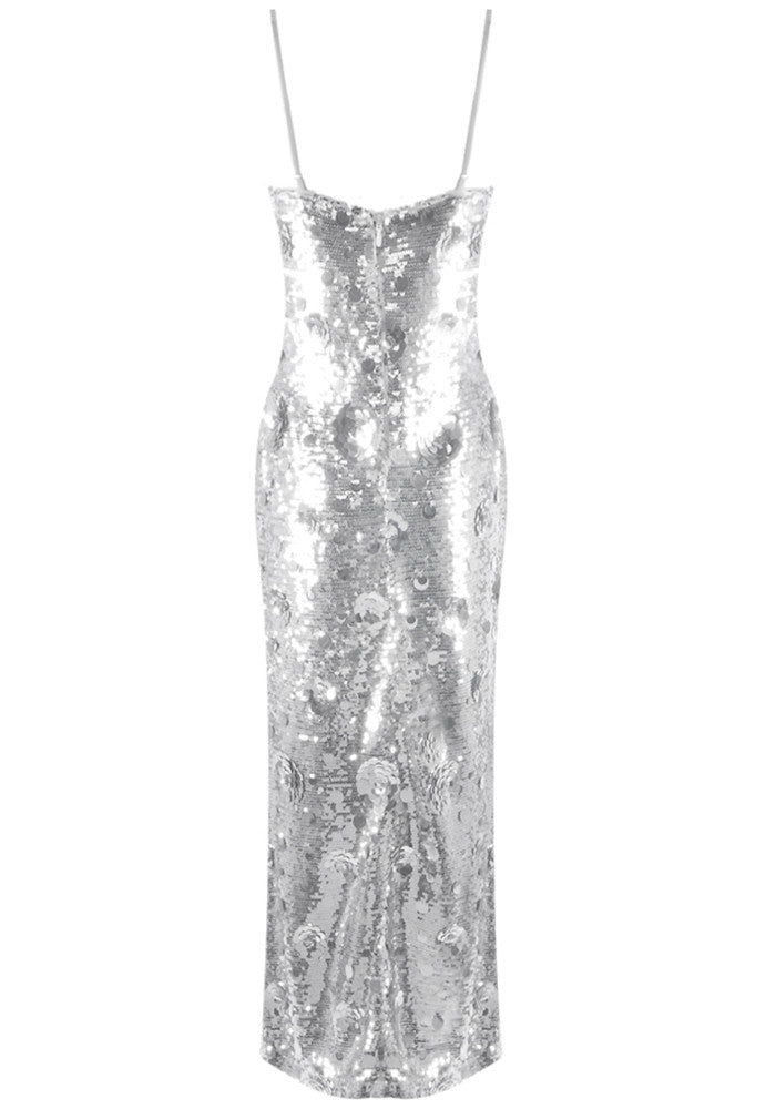 Floral Detail Sequin Maxi Dress Silver