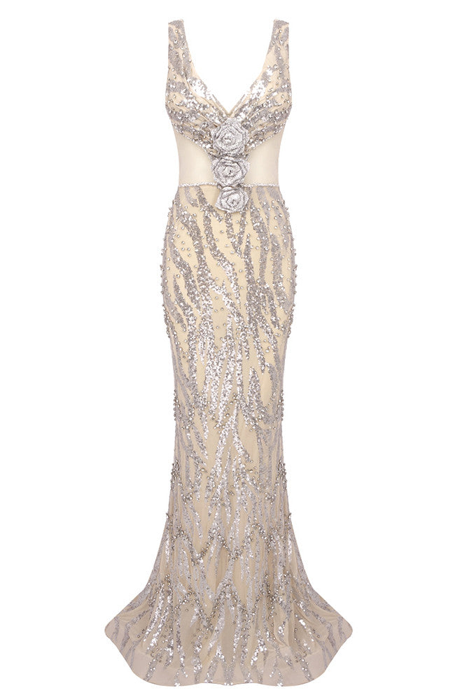 Floral Detail Sequin Maxi Dress Silver Nude