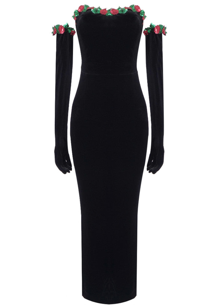 Strapless Floral Maxi Velvet Dress Black
