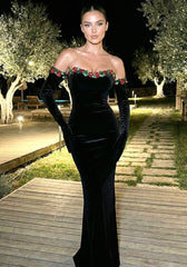Strapless Floral Maxi Velvet Dress Black