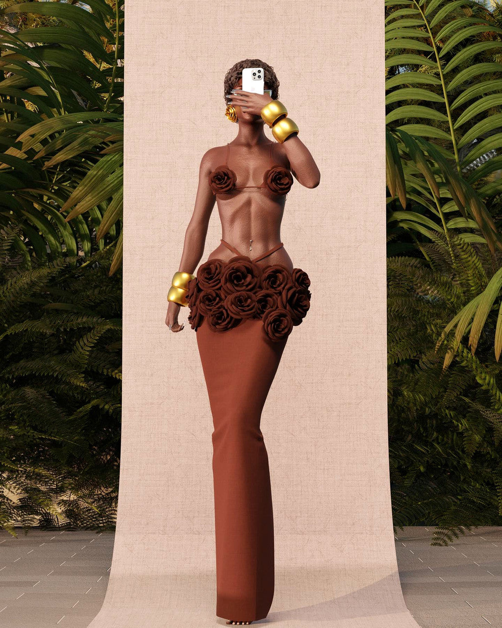 Floral Detail Two Piece Maxi Dress Brown