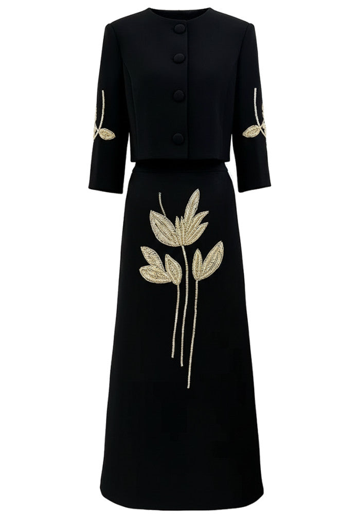 Floral Detail Two Piece Midi Dress Black