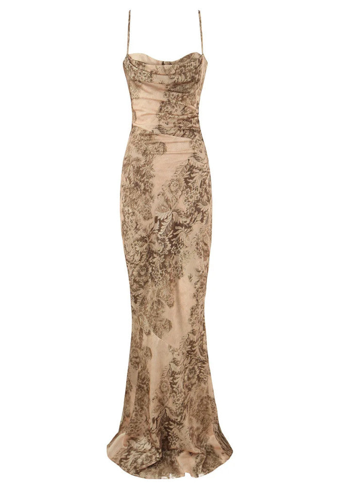 Floral Print Draped Maxi Dress Khaki