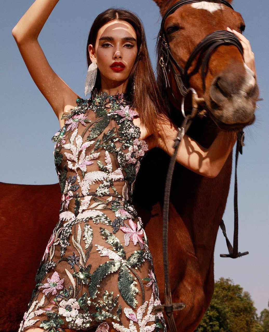 Floral Embroidered Sequin Dress Green Pink