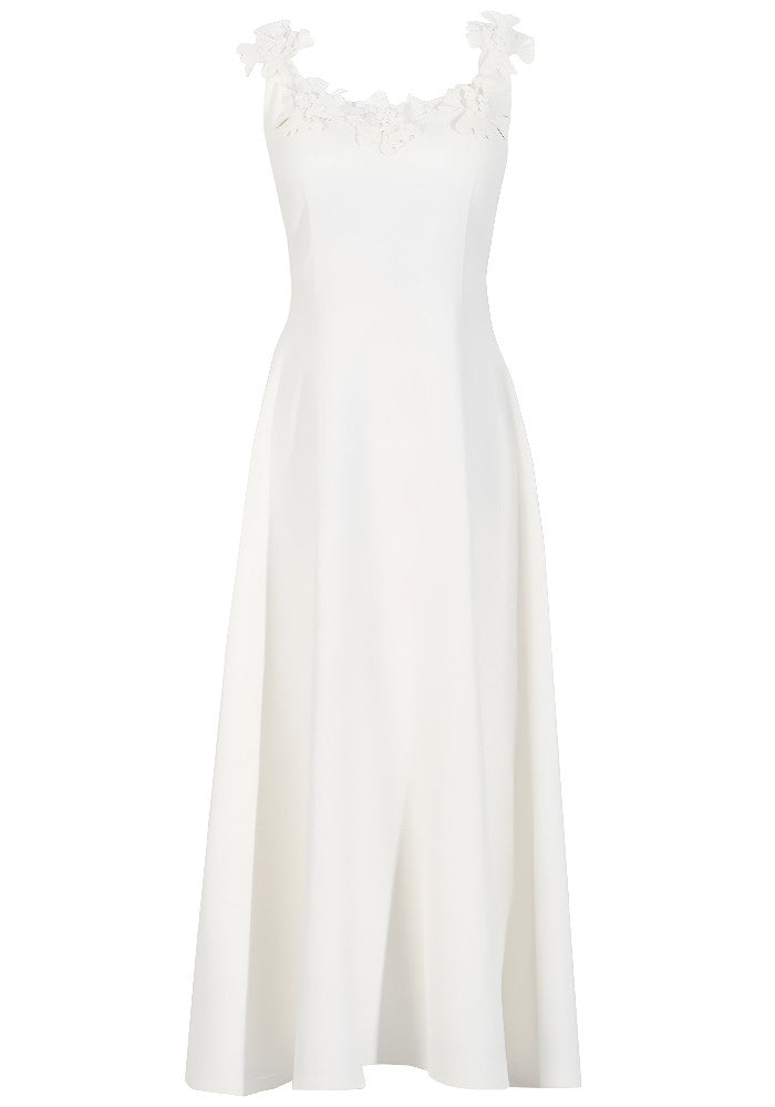 Floral Neckline A Line Midi Dress White