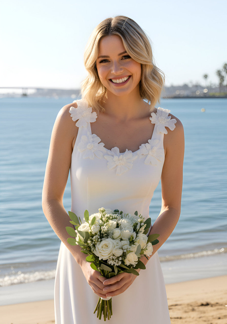 Floral Neckline A Line Midi Dress White