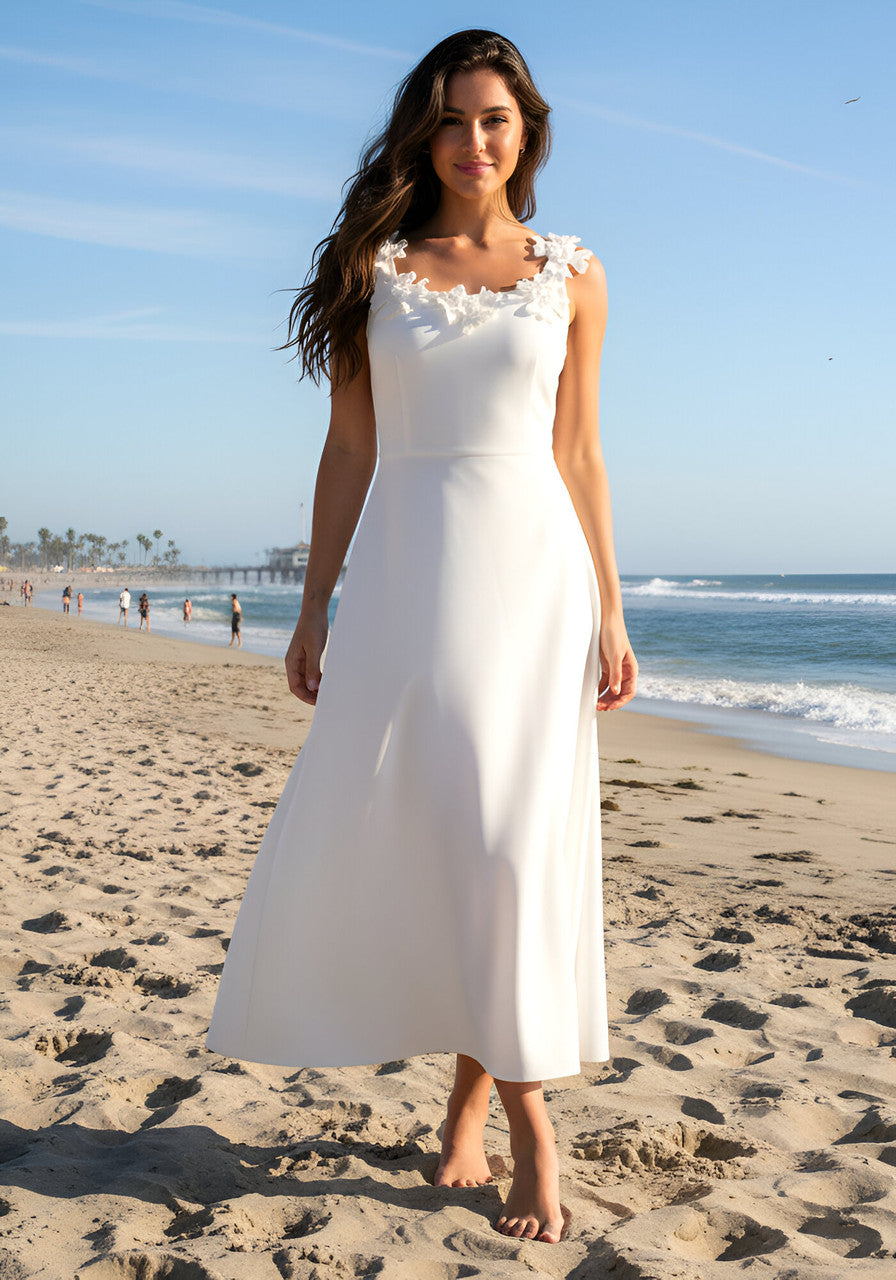 Floral Neckline A Line Midi Dress White