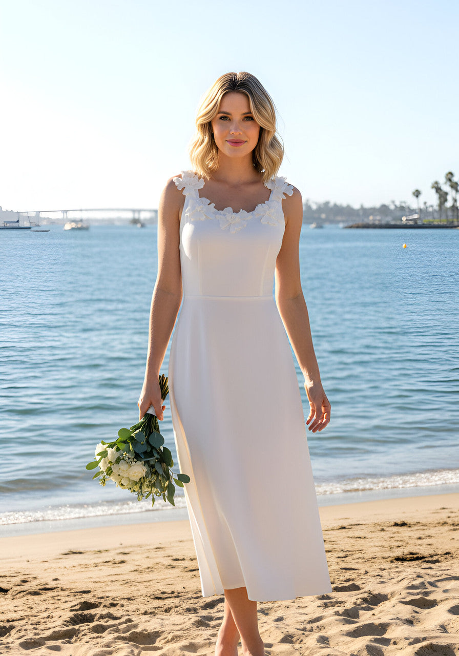 Floral Neckline A Line Midi Dress White