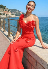 Floral One Shoulder Maxi Dress Red