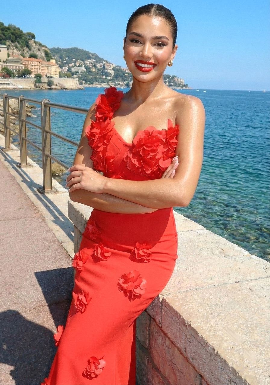 Floral One Shoulder Maxi Dress Red