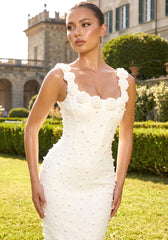 Floral Detail Pearl Maxi Dress White
