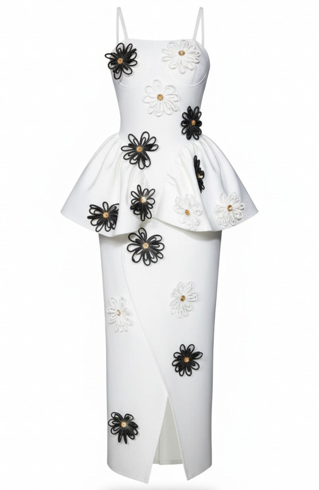 Floral Peplum Detail Midi Dress White
