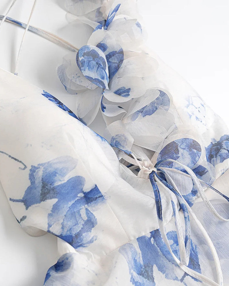 Floral Ruffle Skater Dress Blue