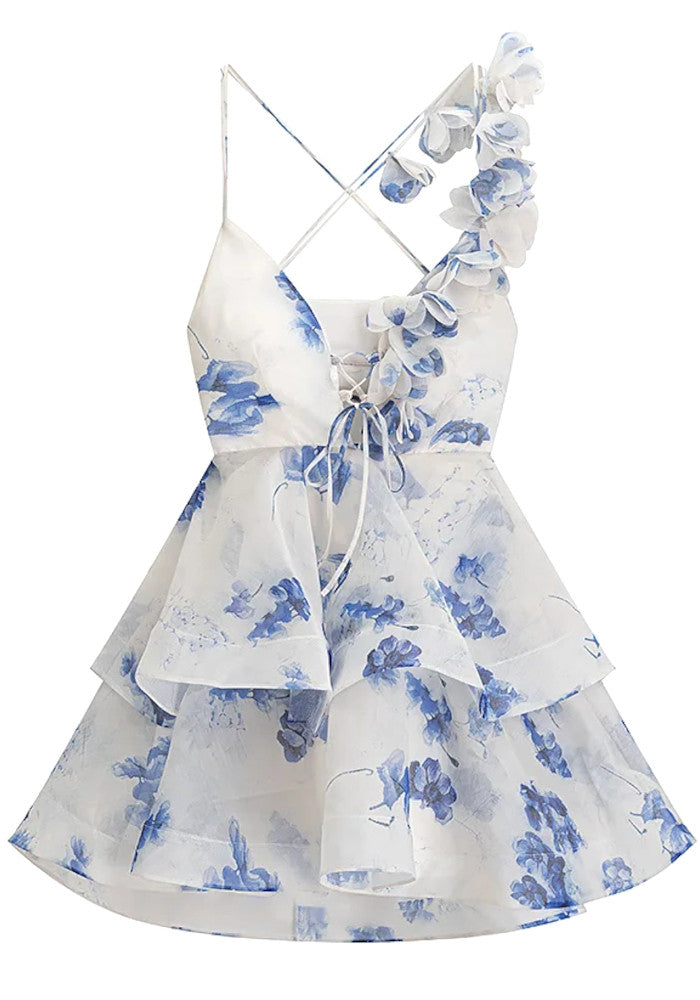 Floral Ruffle Skater Dress Blue
