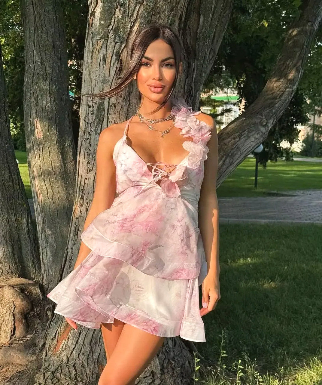 Floral Ruffle Skater Dress Pink