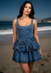 Floral Ruffle Detail Denim Dress Blue