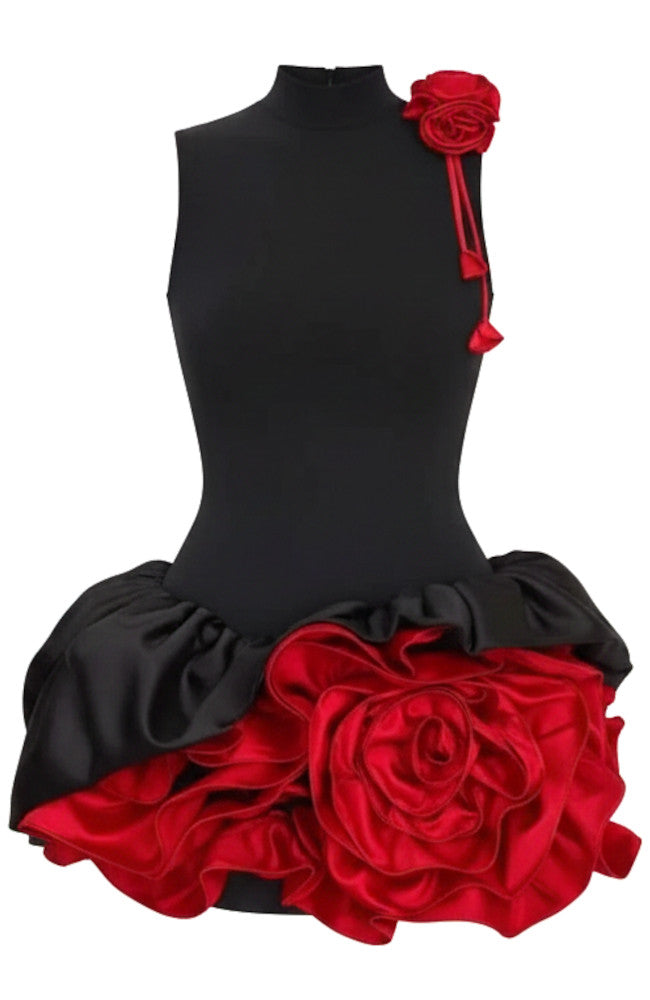 Floral Ruffle Dress Black Red