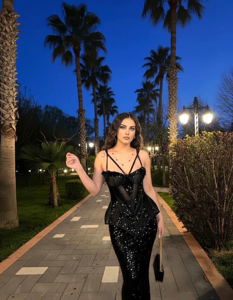Floral Sequin Bustier Maxi Dress Black