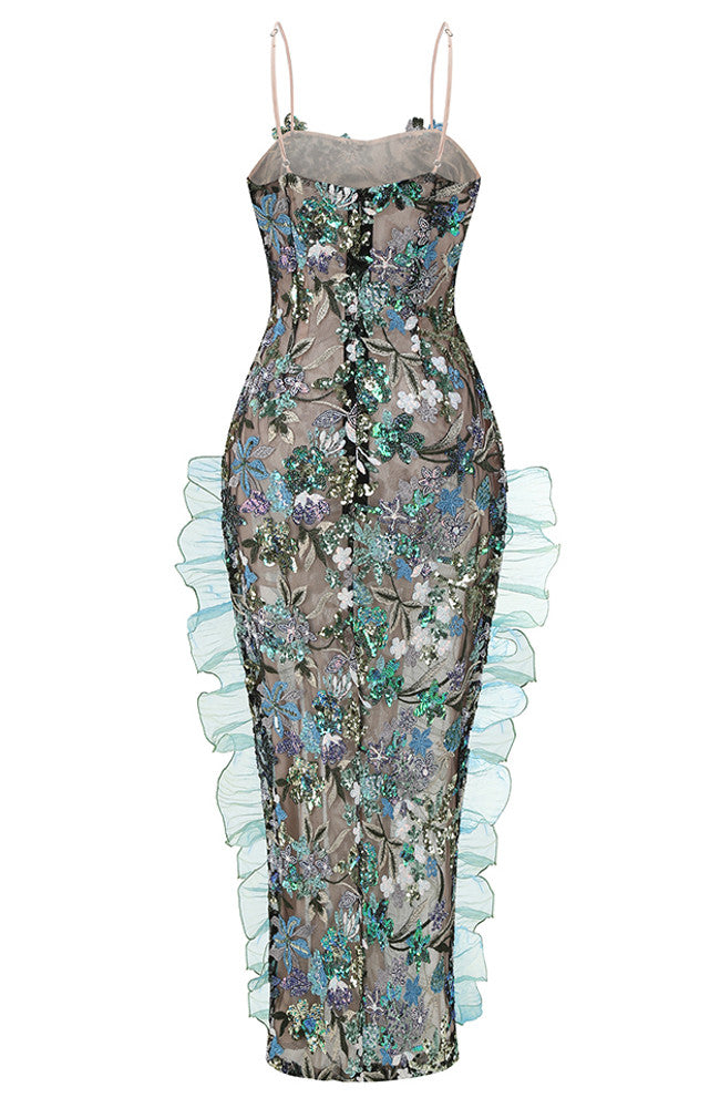 Floral Sequin Ruffle Maxi Dress Green