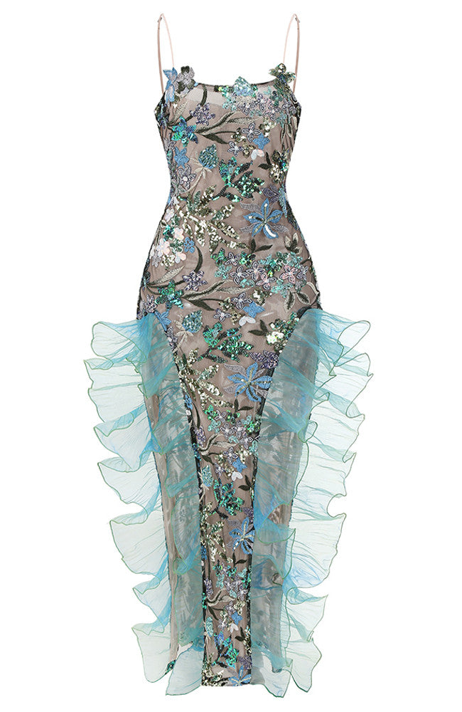 Floral Sequin Ruffle Maxi Dress Green