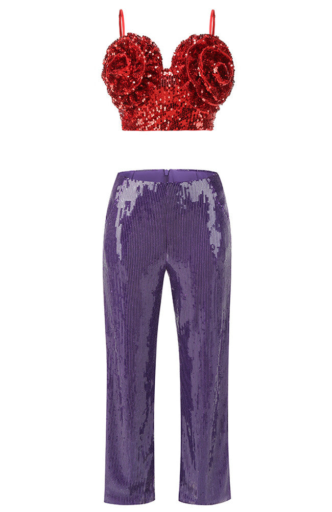 Floral Sequin Corset Two Piece Set Red Purple