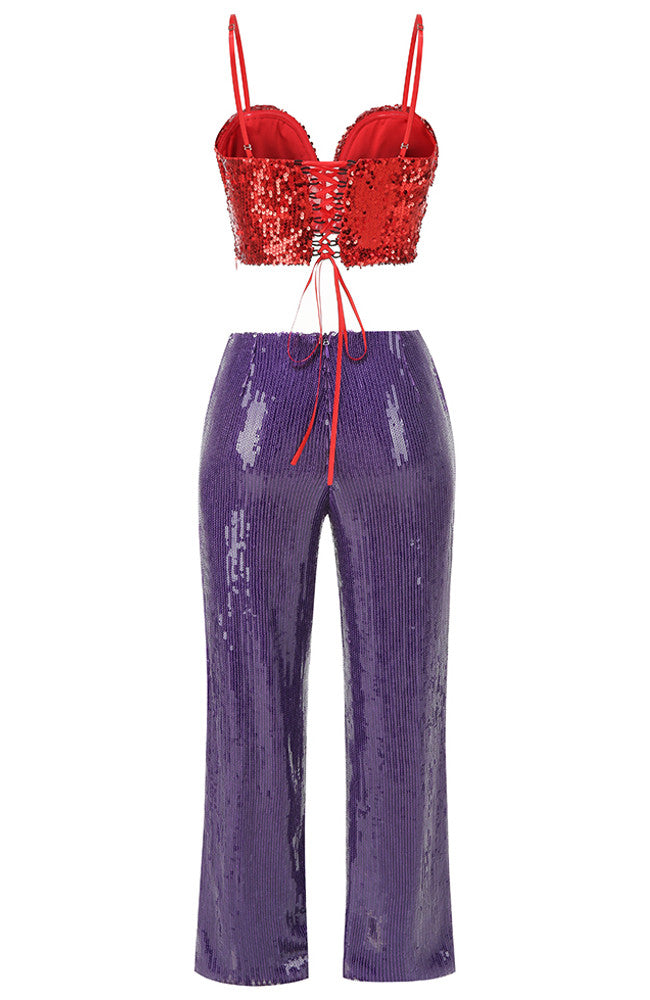 Floral Sequin Corset Two Piece Set Red Purple