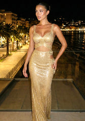 Floral Detail Sparkly Maxi Dress Gold