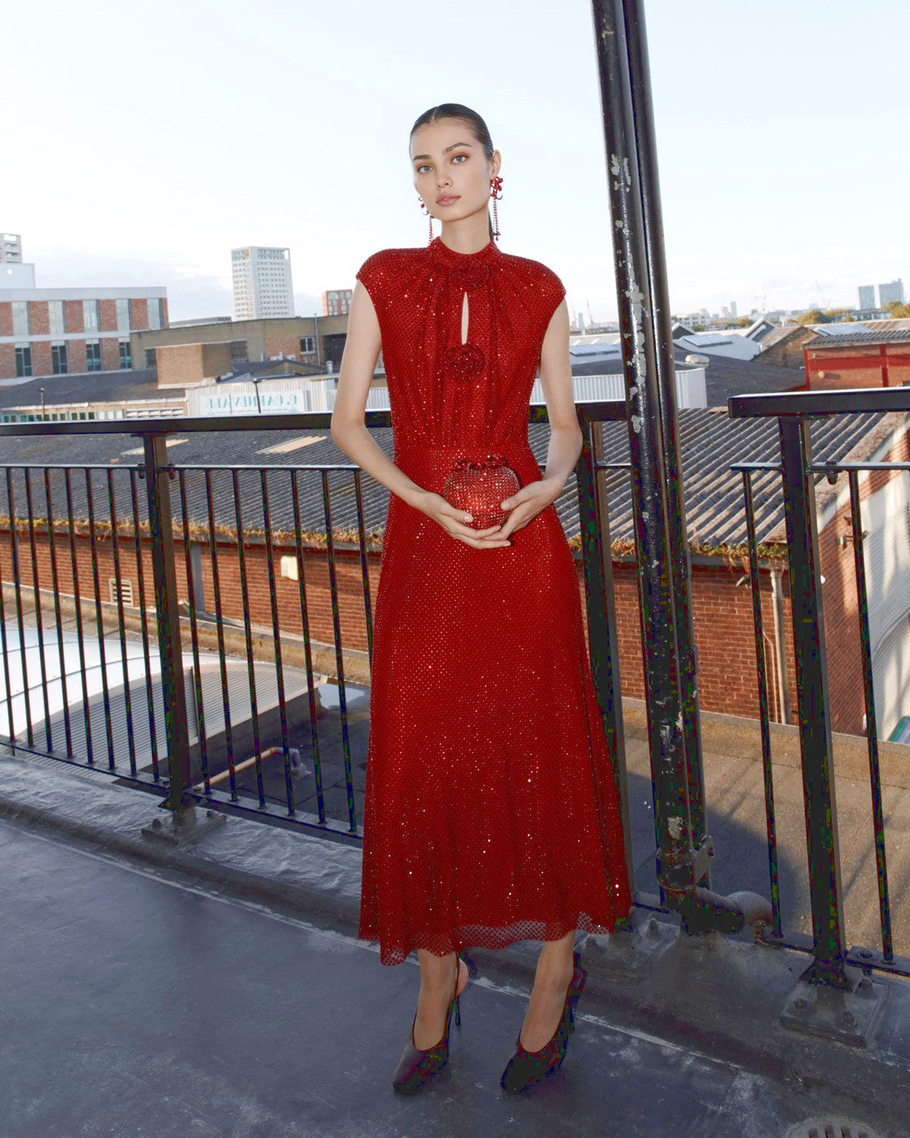 Floral Detail Sparkly Midi Dress Red