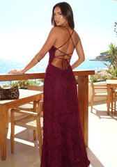 Floral Strappy Back A Line Maxi Dress Burgundy