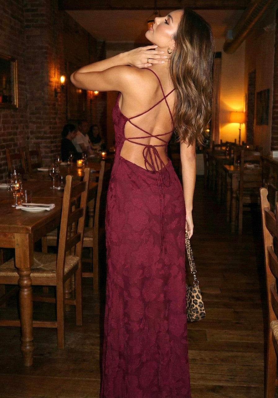 Floral Strappy Back A Line Maxi Dress Burgundy