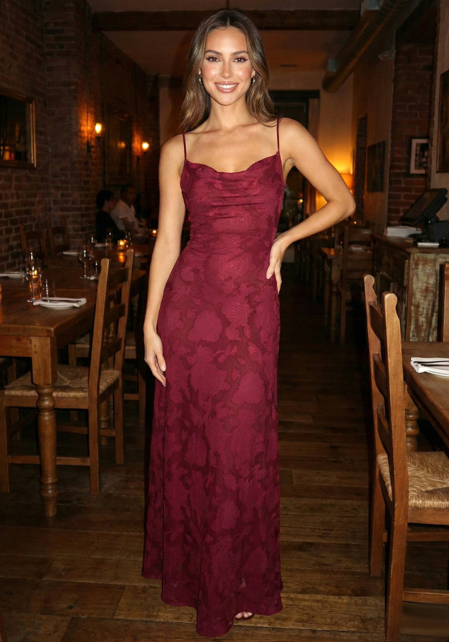 Floral Strappy Back A Line Maxi Dress Burgundy