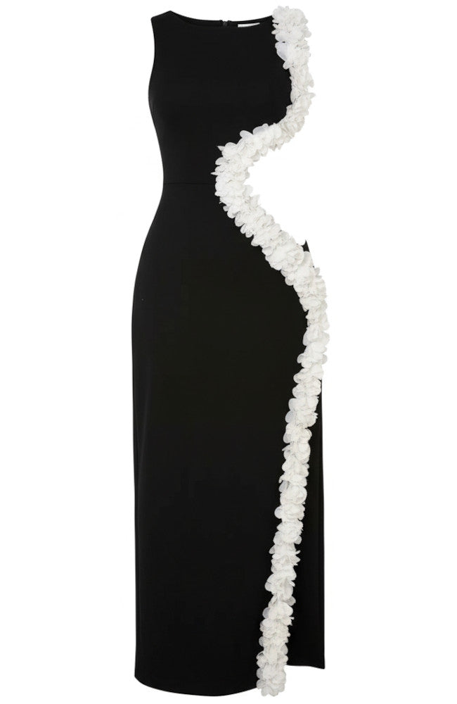 Floral Trim Maxi Dress Black White