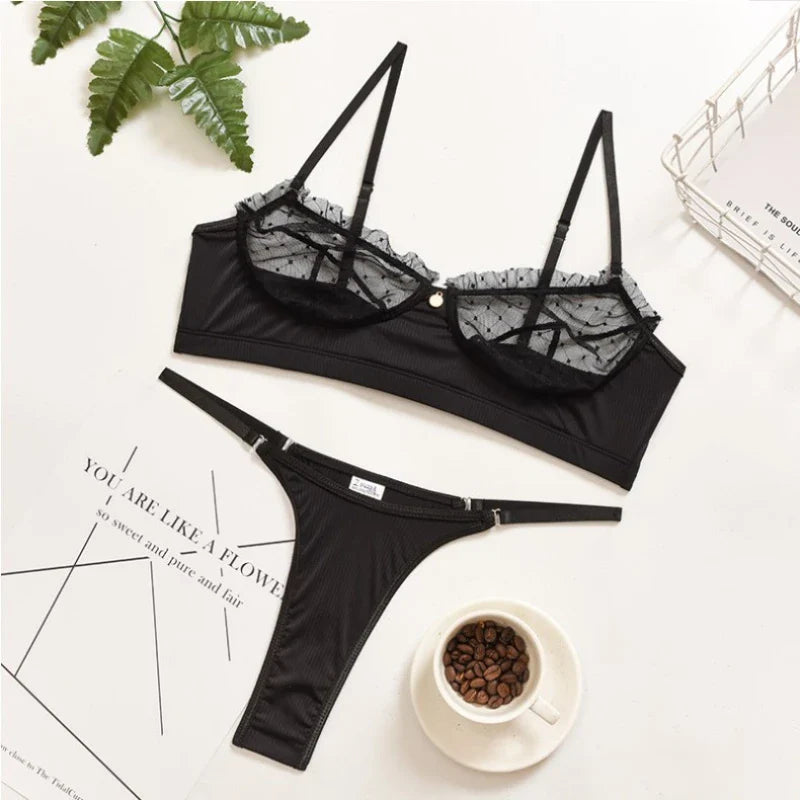 Flounce Lingerie Lace Bra Set Transparent Underwear Erotic Lingerie Set Push Up Bra And Panty Set Porno Briefs Sets
