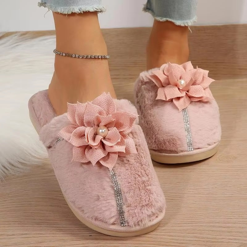 Flower Decor Furry Crystal Warm Fur Cotton Comfort Soft Sole Plush Slides Home Slipper