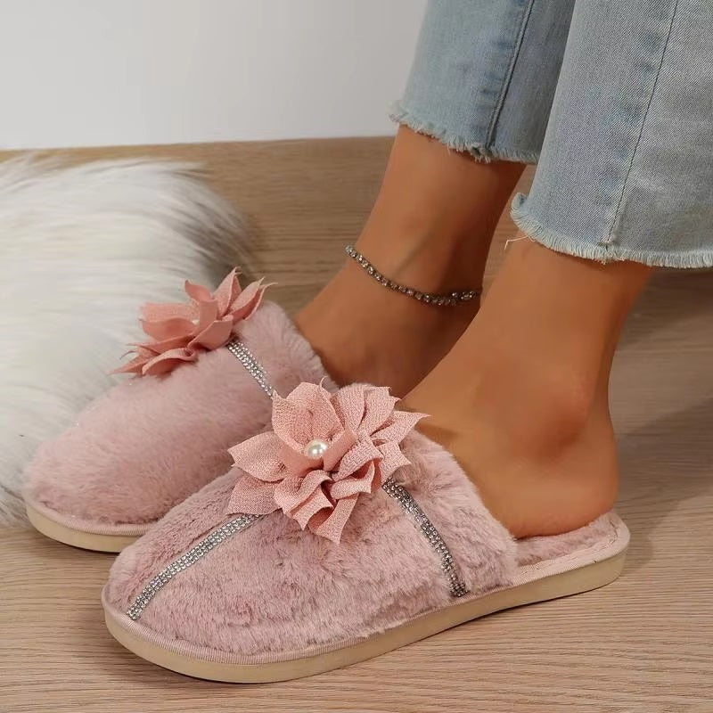 Flower Decor Furry Crystal Warm Fur Cotton Comfort Soft Sole Plush Slides Home Slipper